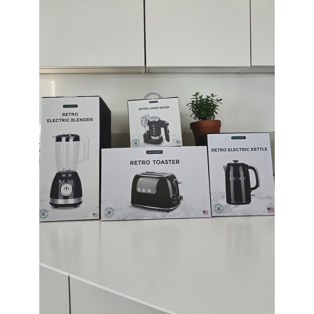 SERV Retro Kitchen Appliance Bundle Black Chrome Toaster Blender Kettle Mixer